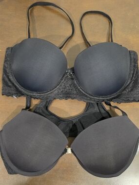 aerie 2 Black Lace-Trim T-Shirt Bras, Duo Plunge & Racerback 34B EUC